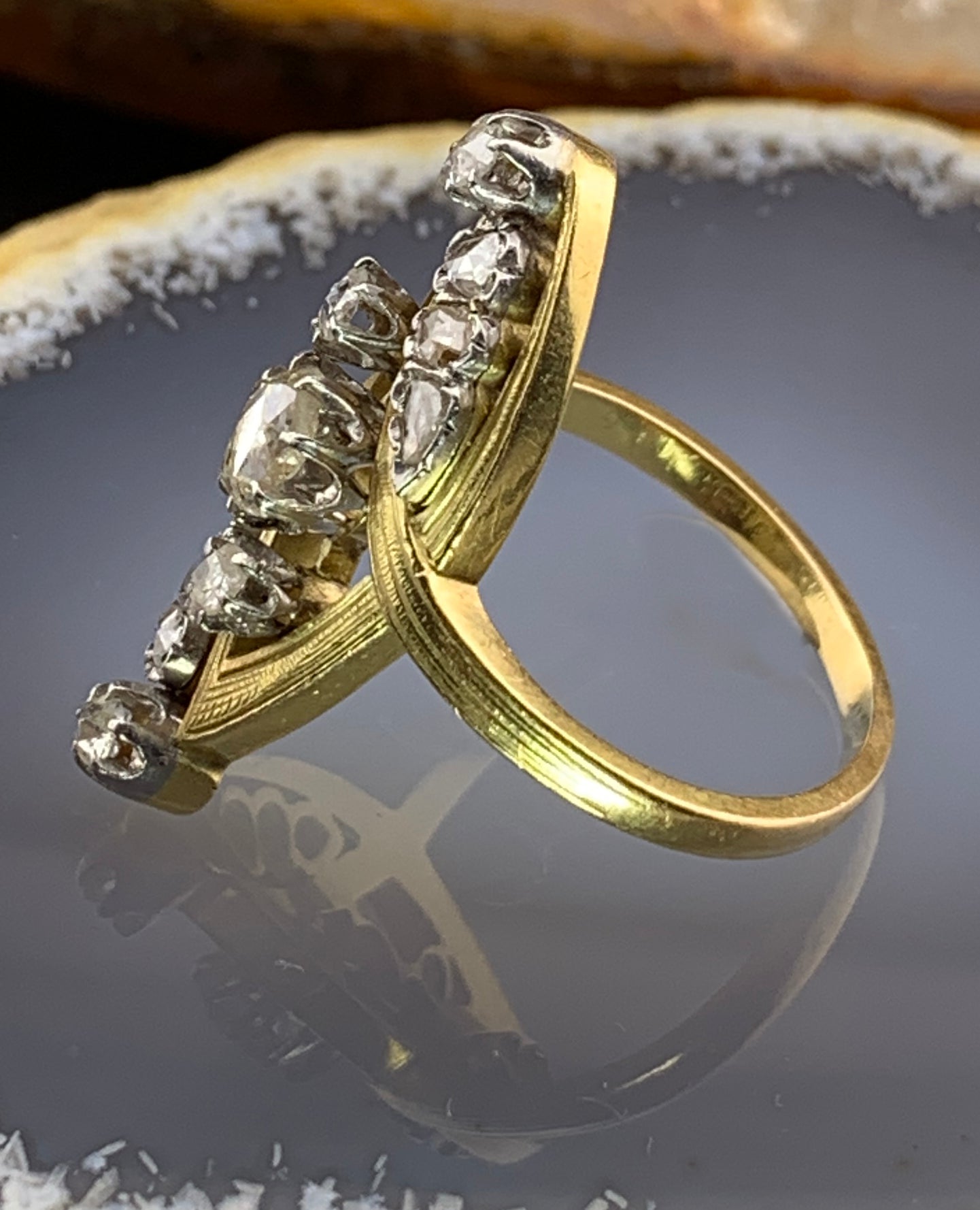 Antique French 18K & Diamond Navette Ring