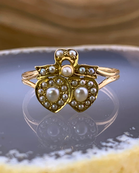 Antique Victorian 14K & Pearl Double Heart Conversion Ring