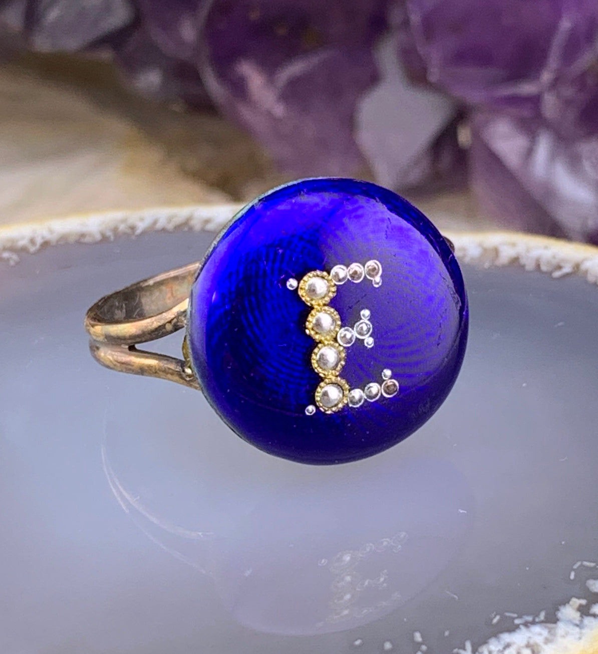 Antique 14K, Seed Pearl & Enamel 'E' Conversion Ring