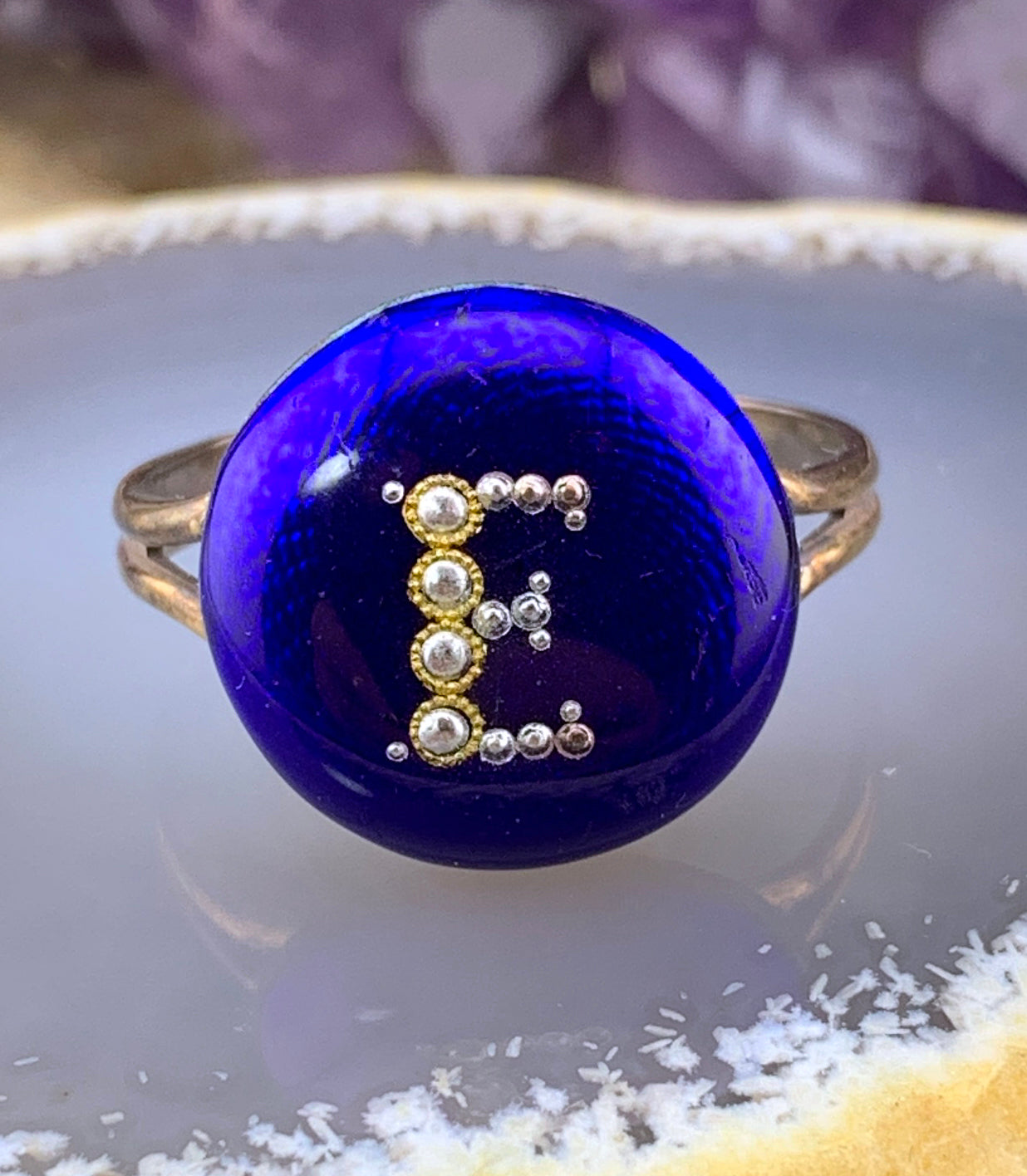 Antique 14K, Seed Pearl & Enamel 'E' Conversion Ring