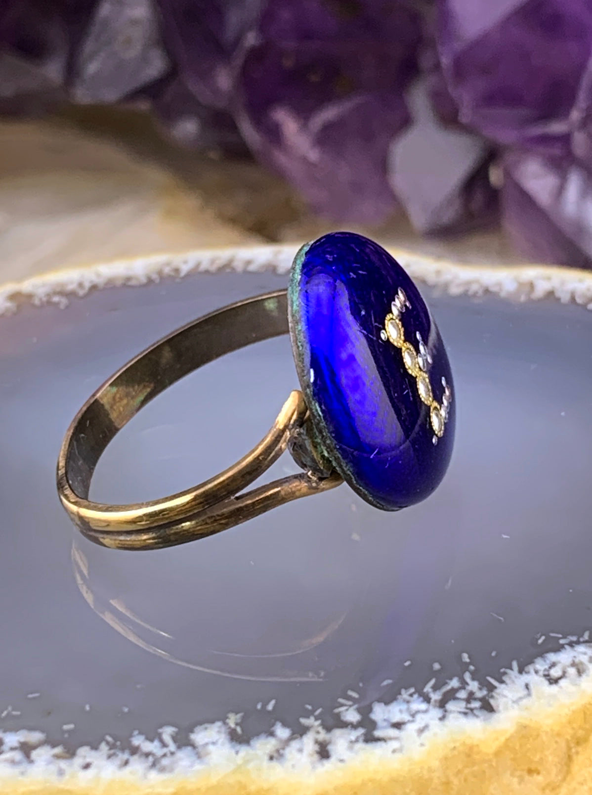 Antique 14K, Seed Pearl & Enamel 'E' Conversion Ring