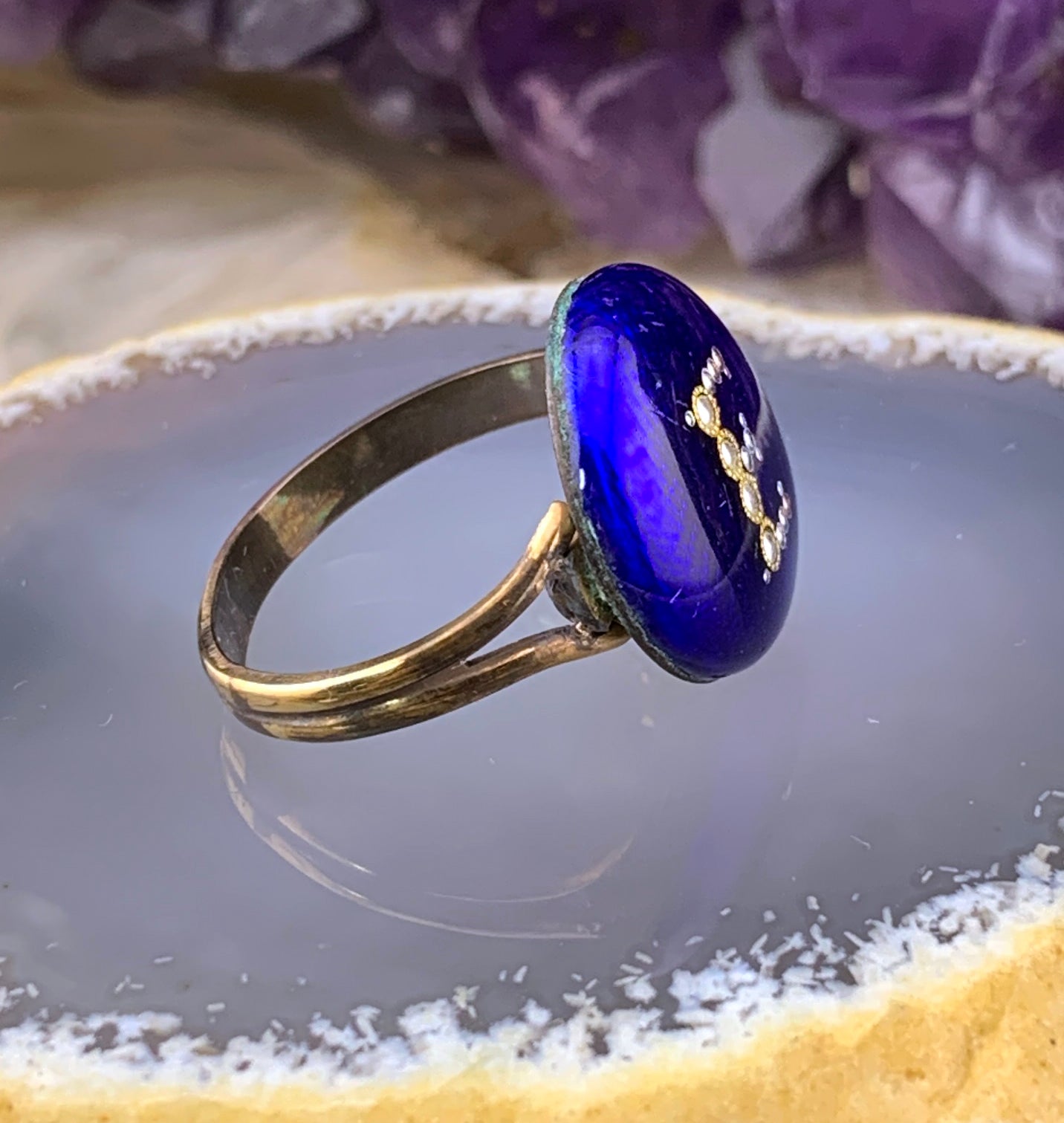 Antique 14K, Seed Pearl & Enamel 'E' Conversion Ring