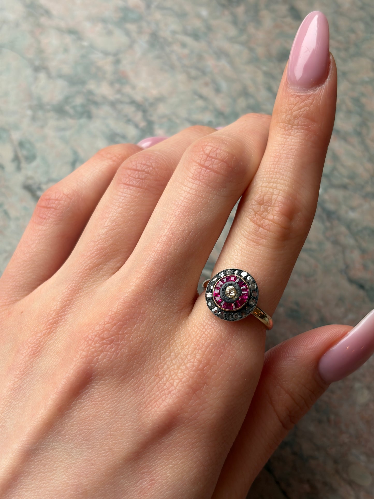 Antique Art Deco 14K, Silver, Diamond & Ruby Target Conversion Ring