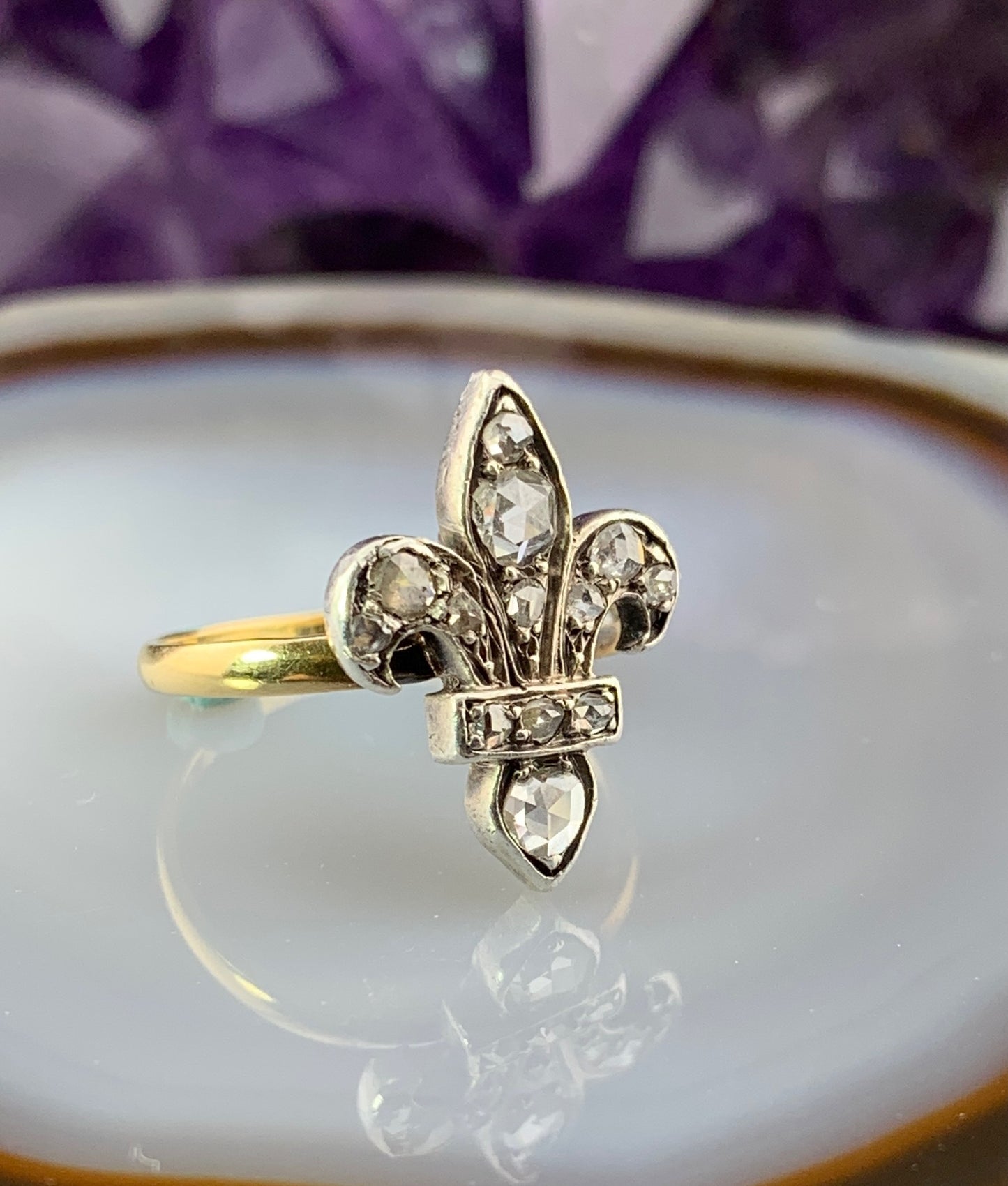 SOLD Antique Belle Epoque 20K, Platinum & Diamond Fleur de Lis Ring