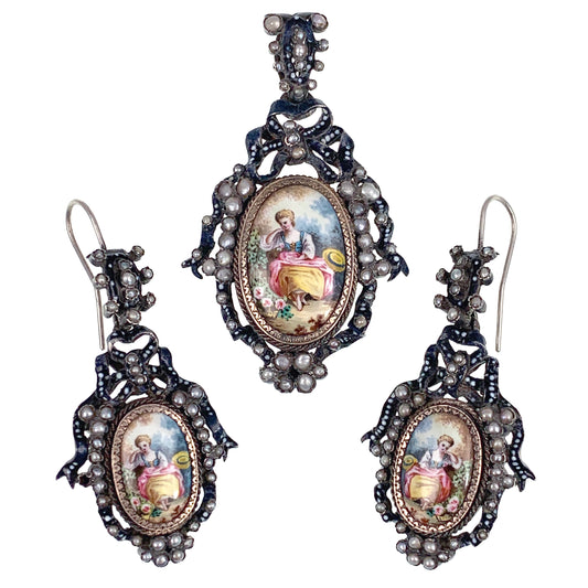 Antique Silver, Hand Painted Enamel & Seed Pearl Earrings & Pendant Set
