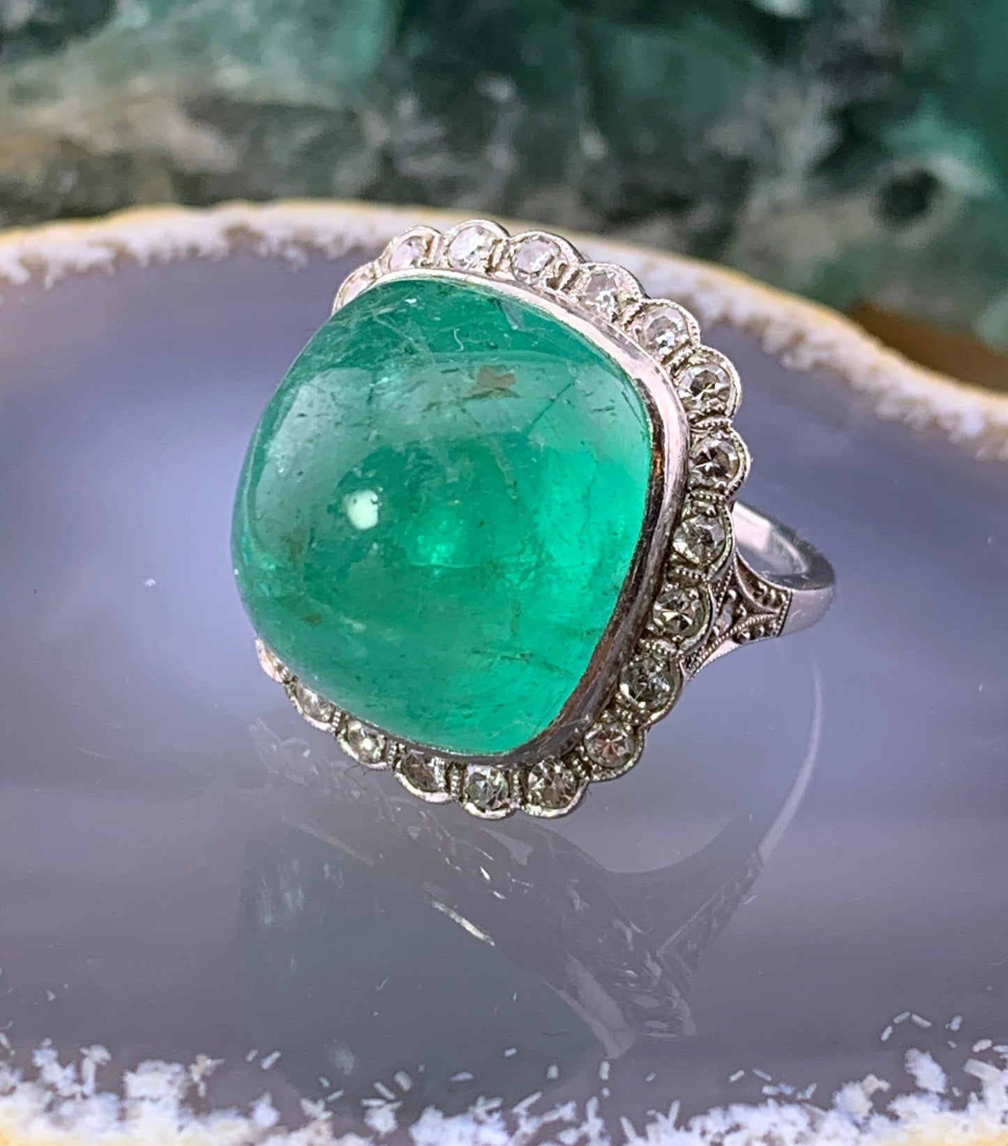 Antique Platinum, Diamond & Brazilian Emerald Cocktail Ring