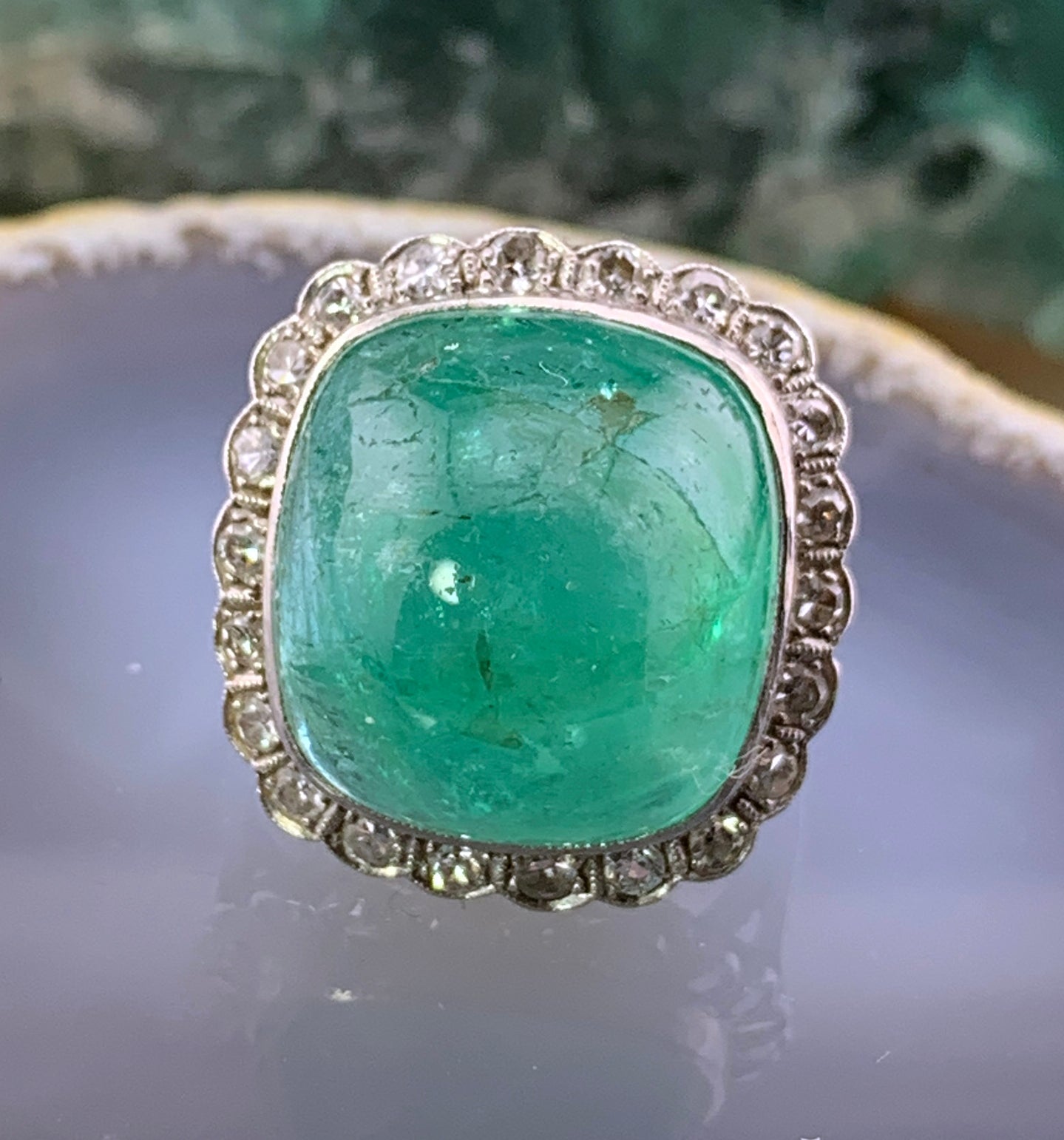 Antique Platinum, Diamond & Brazilian Emerald Cocktail Ring