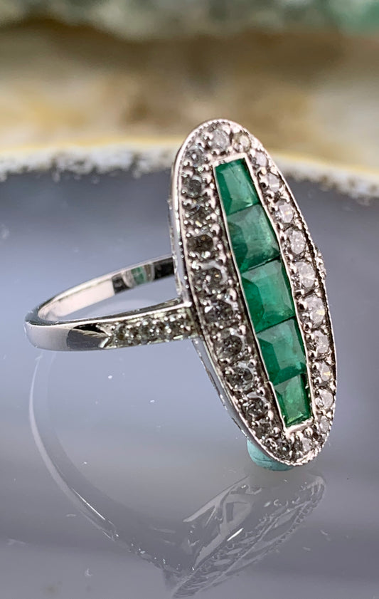 Vintage English Art Deco 18K, Diamond & Emerald Navette Ring