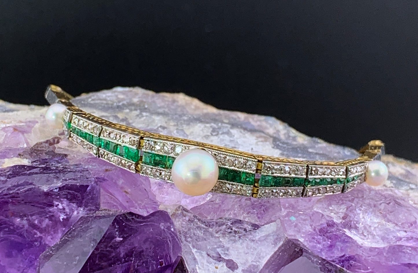 SOLD Antique French Art Deco 18K, Platinum, Diamond, Emerald & Pearl Bracelet