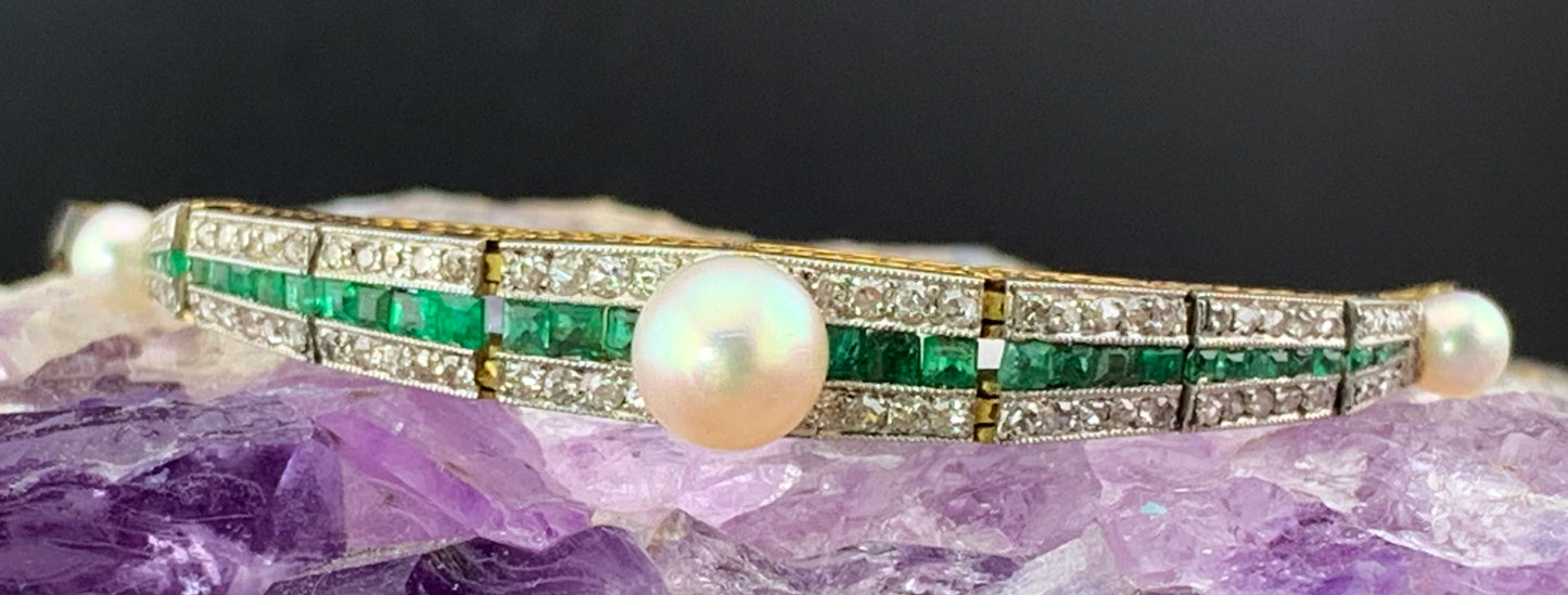 SOLD Antique French Art Deco 18K, Platinum, Diamond, Emerald & Pearl Bracelet
