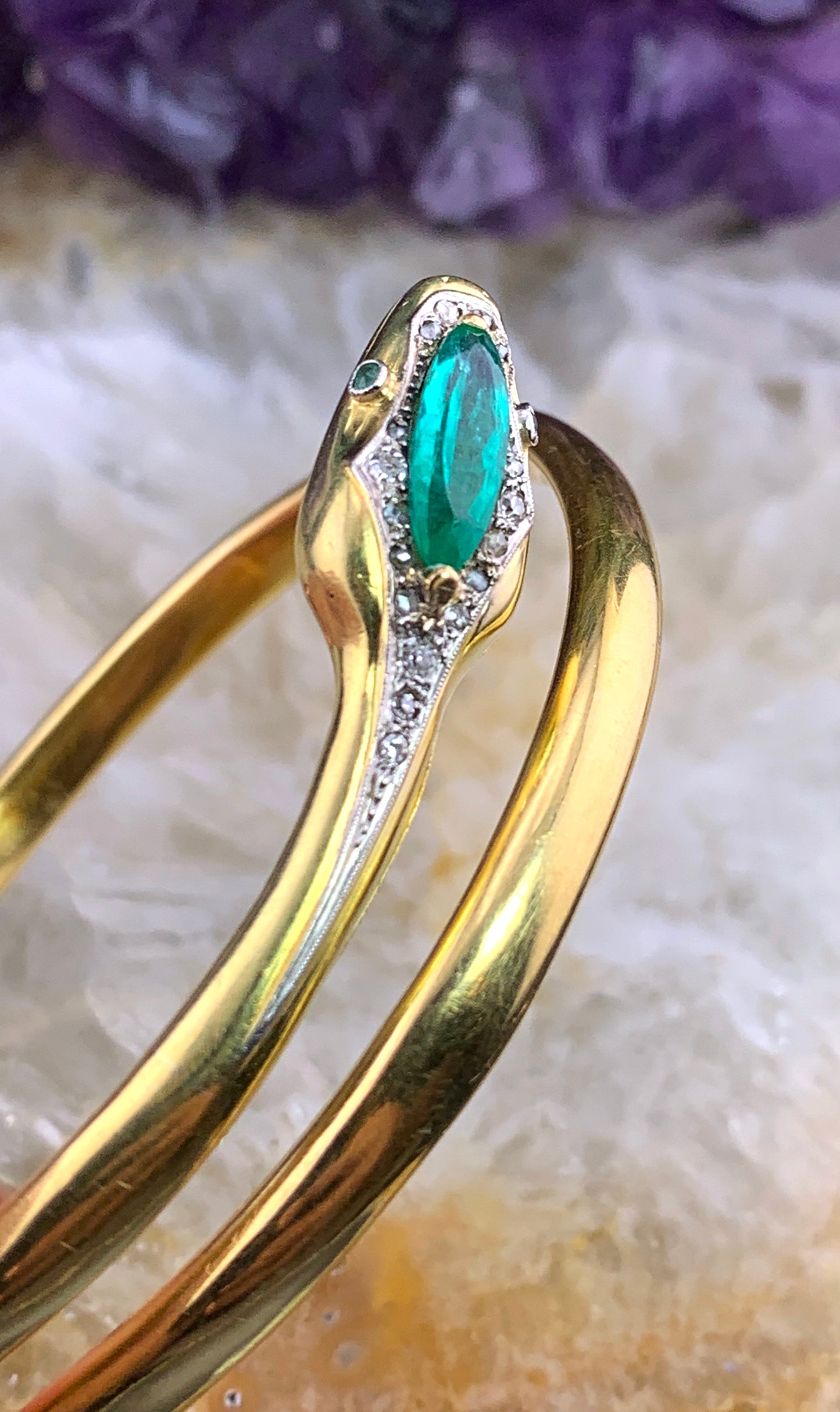Antique French 18K, Diamond & Emerald Snake Bracelet