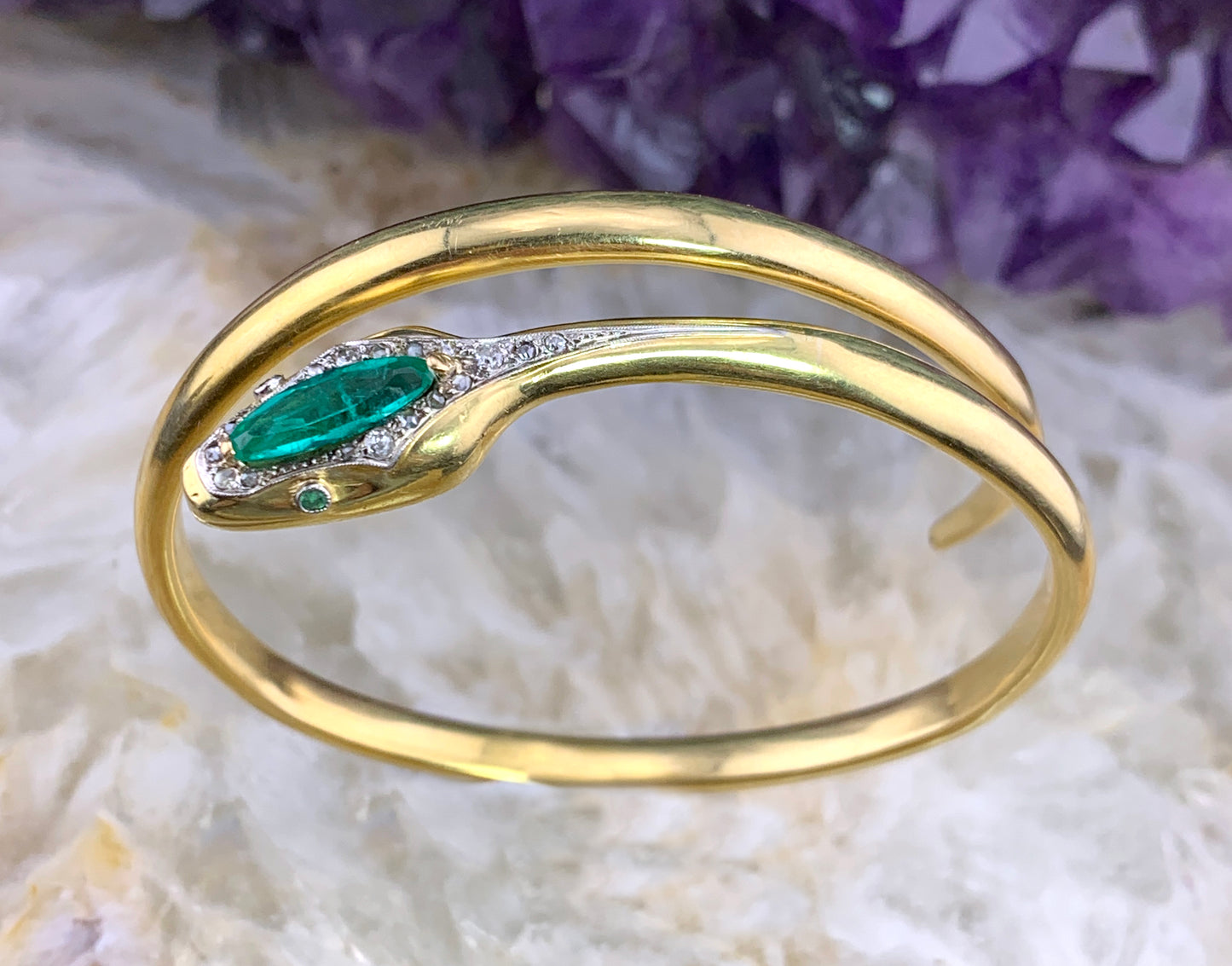 Antique French 18K, Diamond & Emerald Snake Bracelet