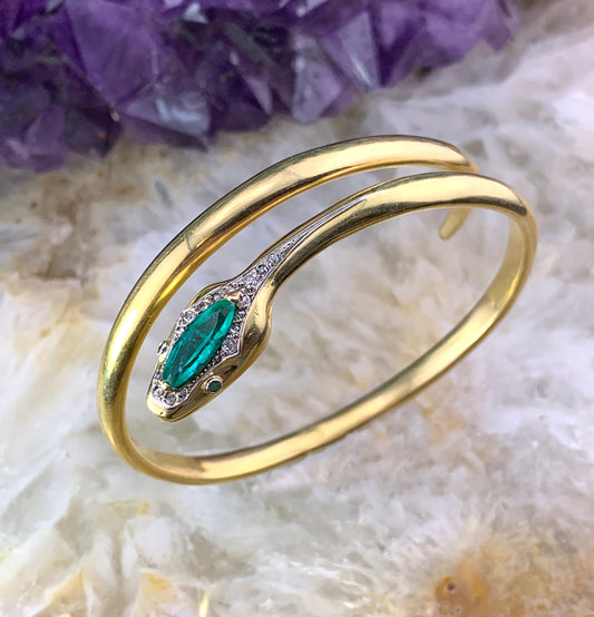 Antique French 18K, Diamond & Colombian Emerald Snake Bracelet