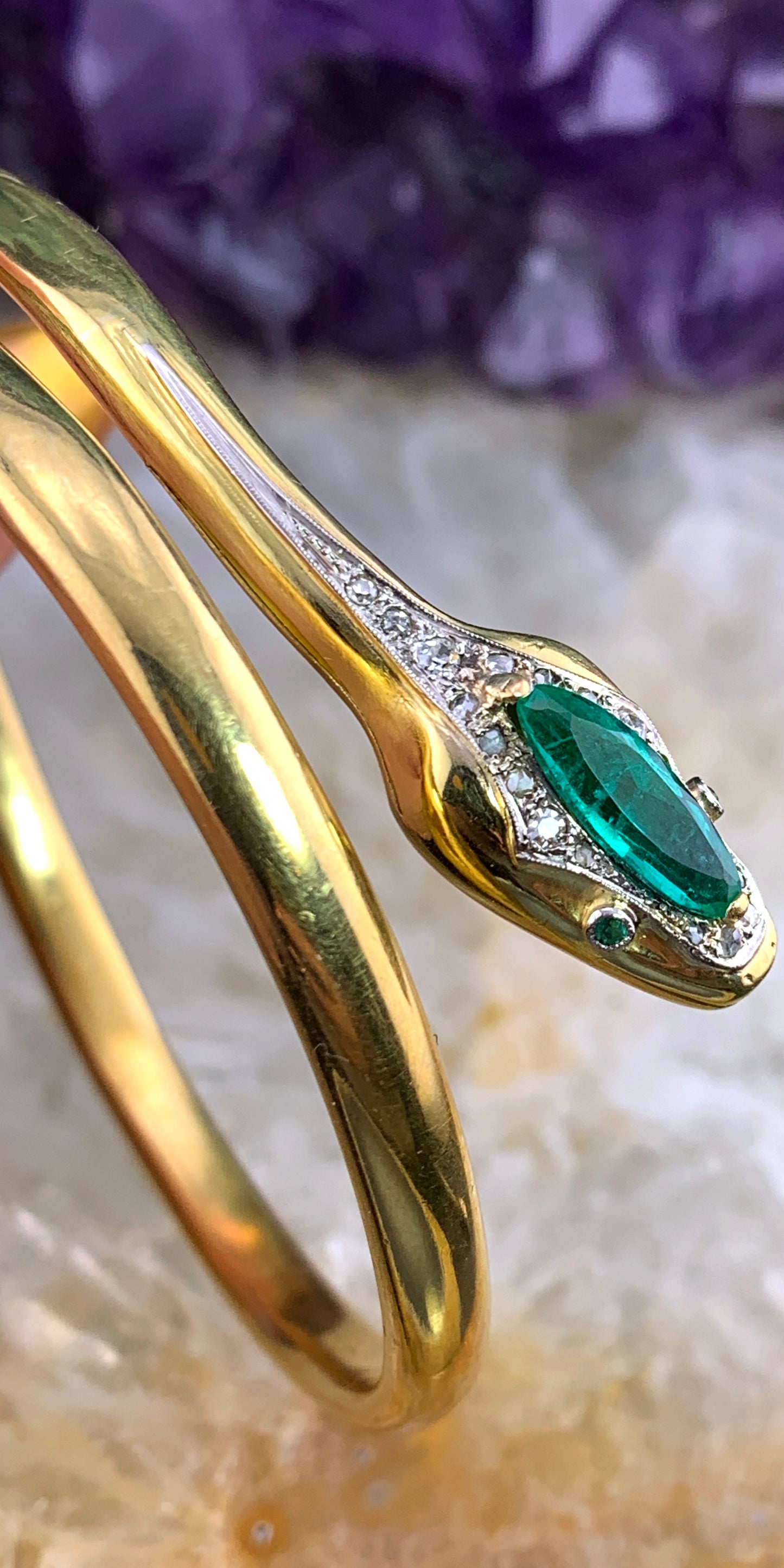 Antique French 18K, Diamond & Emerald Snake Bracelet
