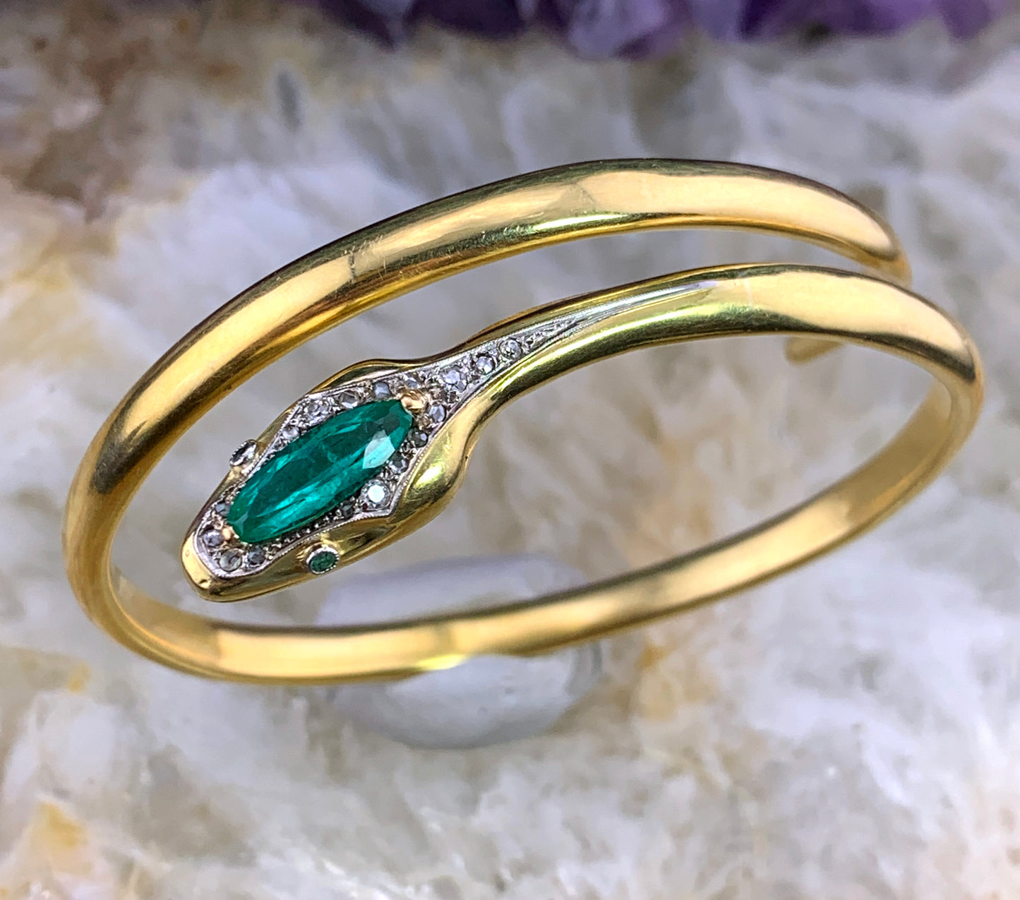 Antique French 18K, Diamond & Emerald Snake Bracelet