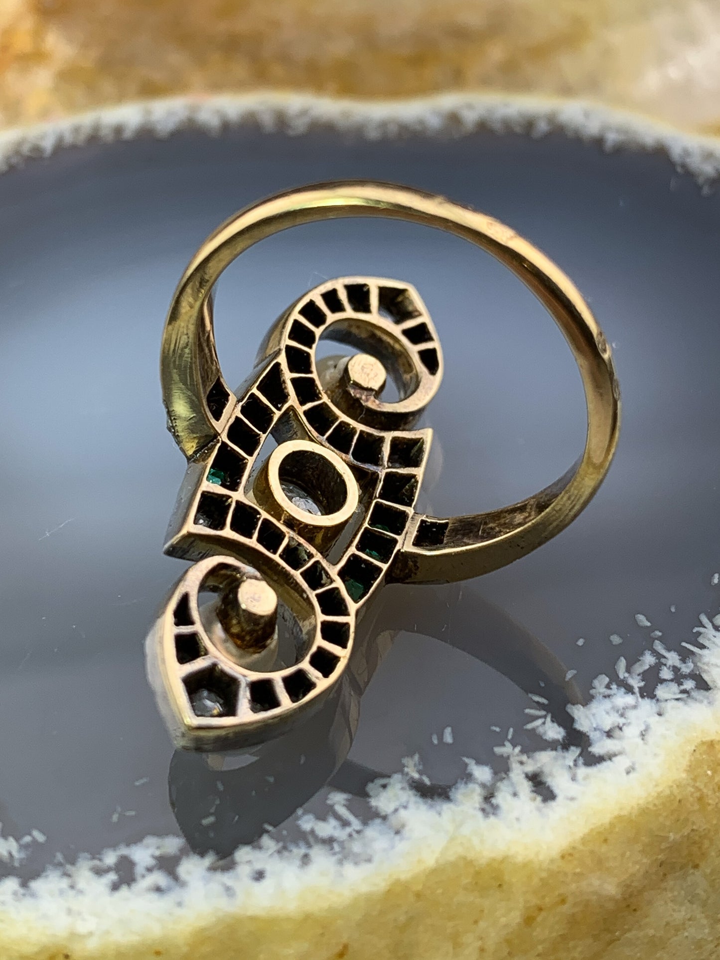 Antique French 18K, Diamond, Emerald & Pearl Navette Ring