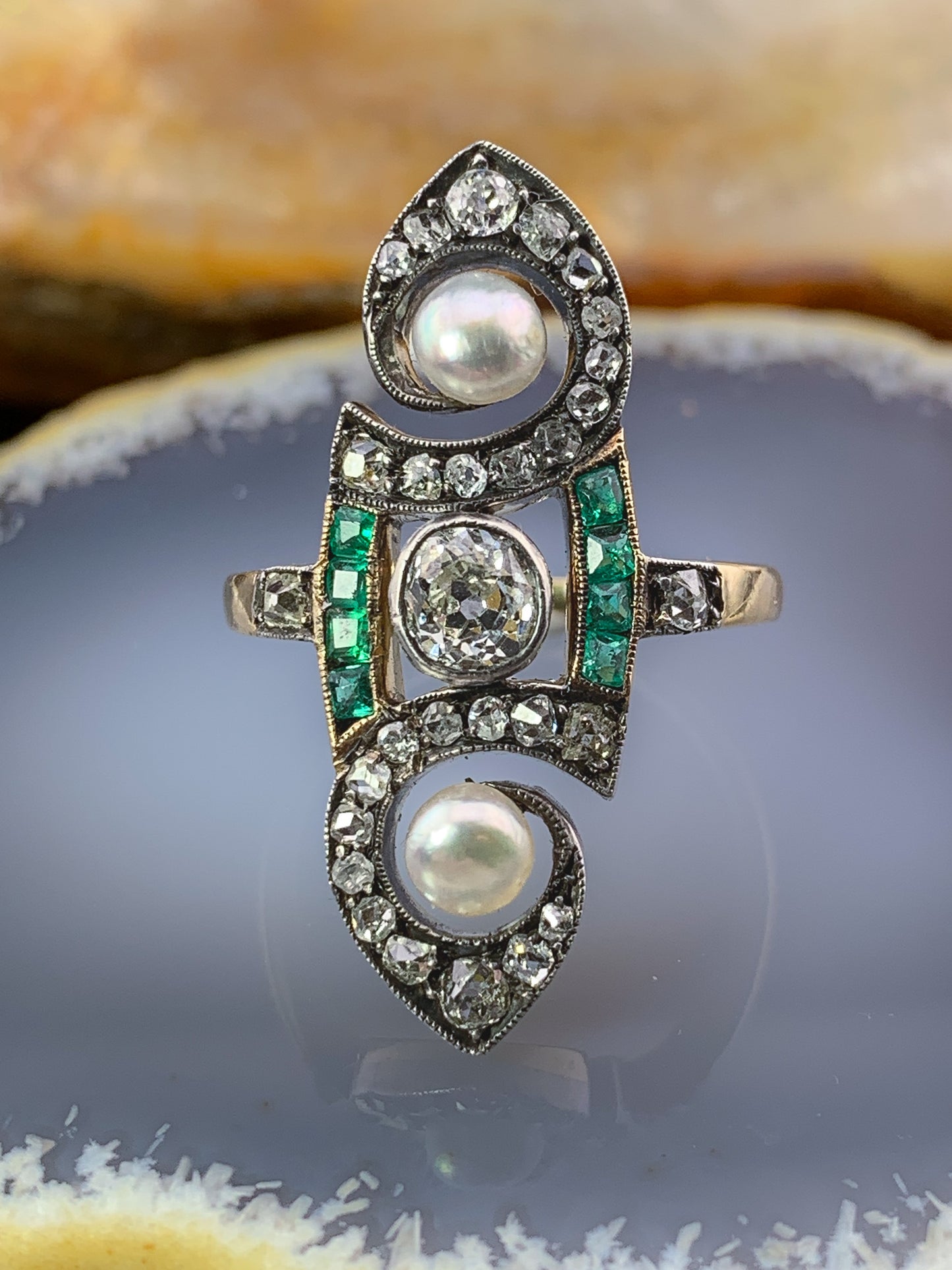 Antique French 18K, Diamond, Emerald & Pearl Navette Ring
