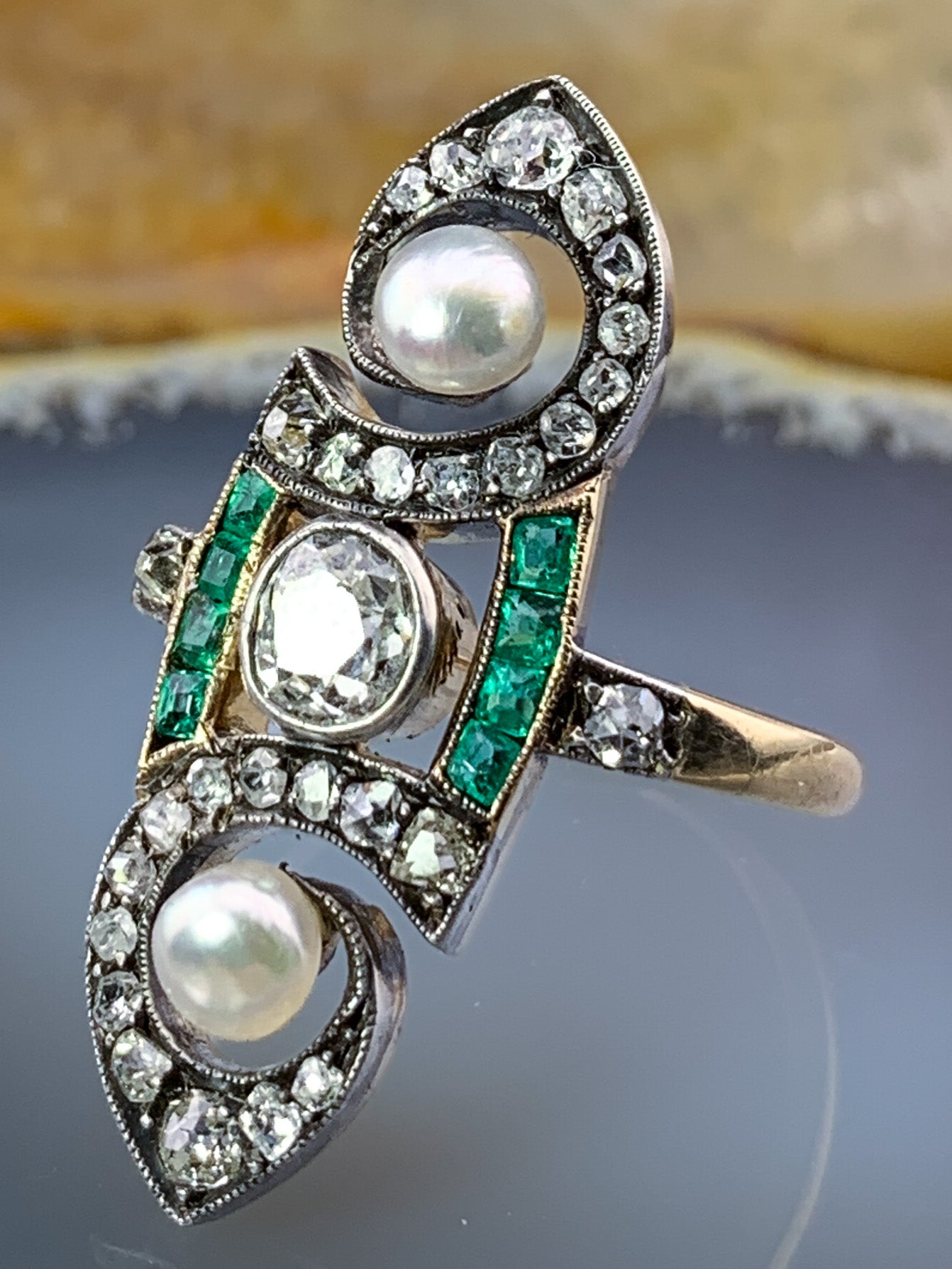 Antique French 18K, Diamond, Emerald & Pearl Navette Ring
