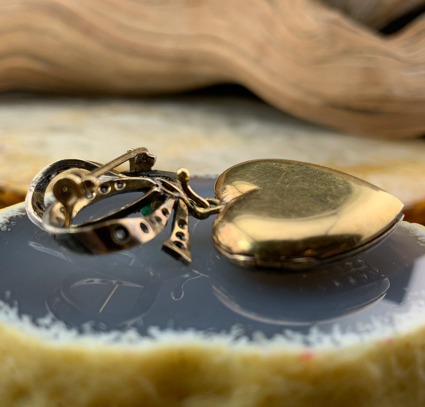 Antique French 18K, Silver, Diamond & Emerald Heart Locket Brooch