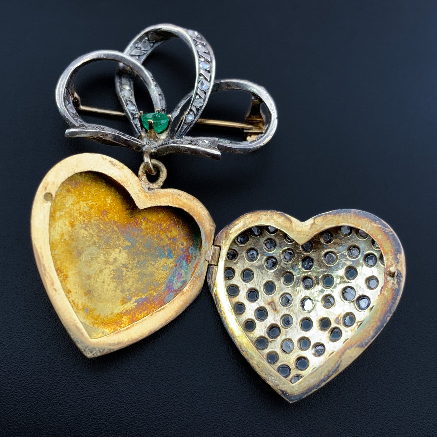 Antique French 18K, Silver, Diamond & Emerald Heart Locket Brooch