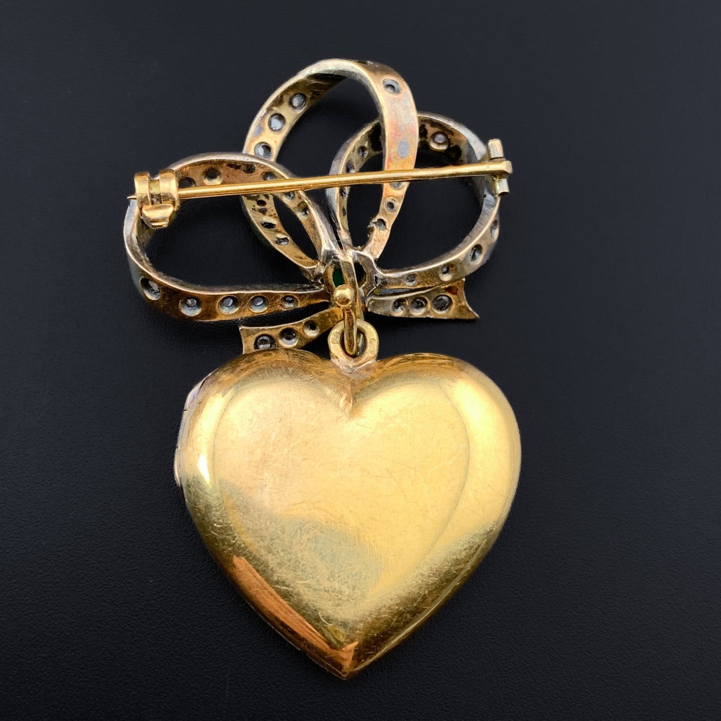 Antique French 18K, Silver, Diamond & Emerald Heart Locket Brooch
