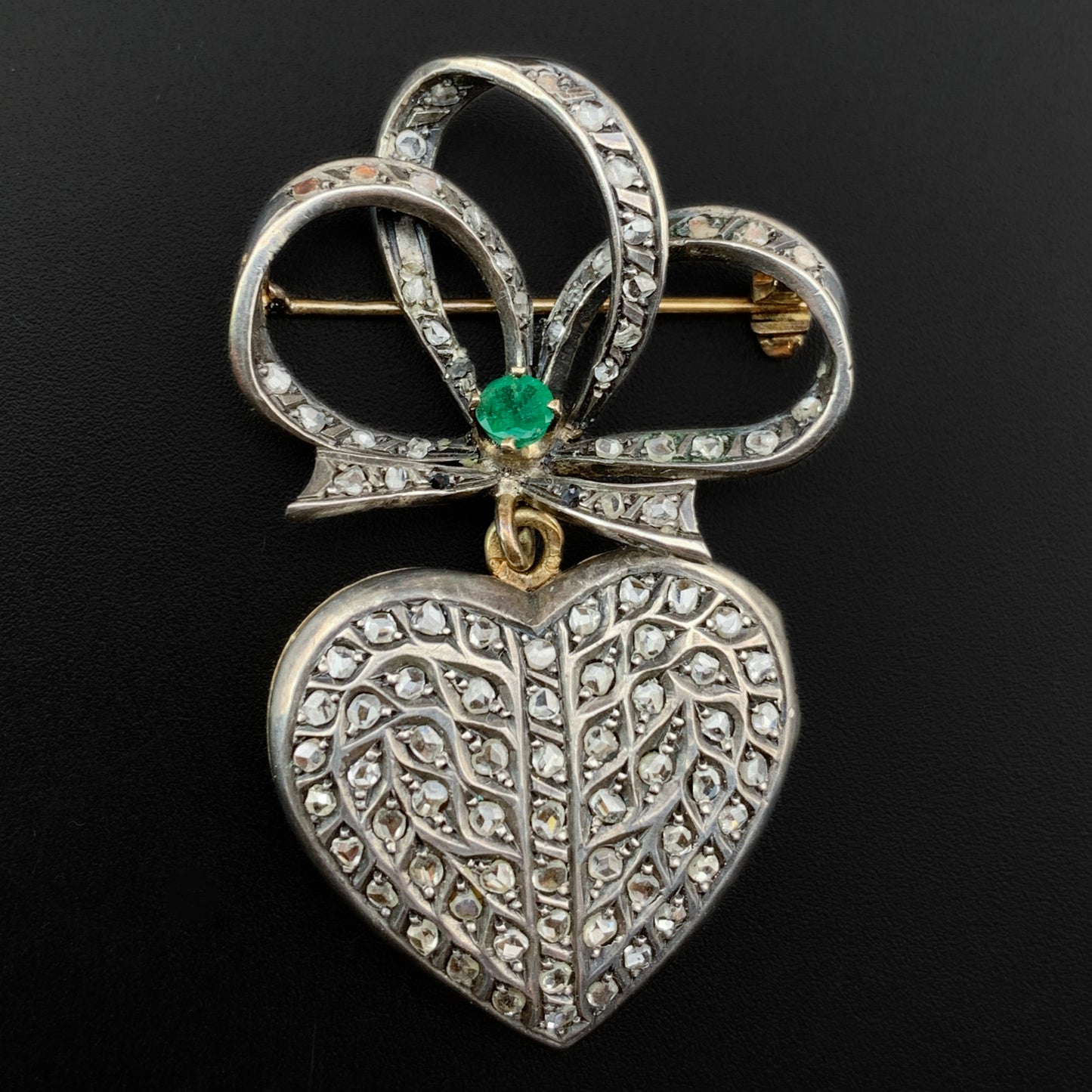 Antique French 18K, Silver, Diamond & Emerald Heart Locket Brooch