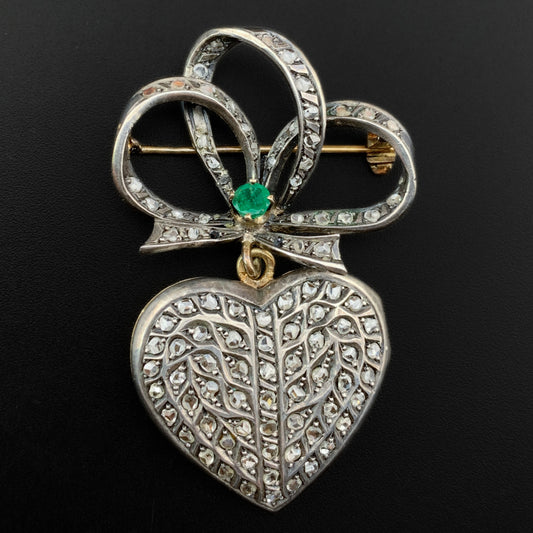 Antique French 18K, Silver, Diamond & Emerald Heart Locket Brooch