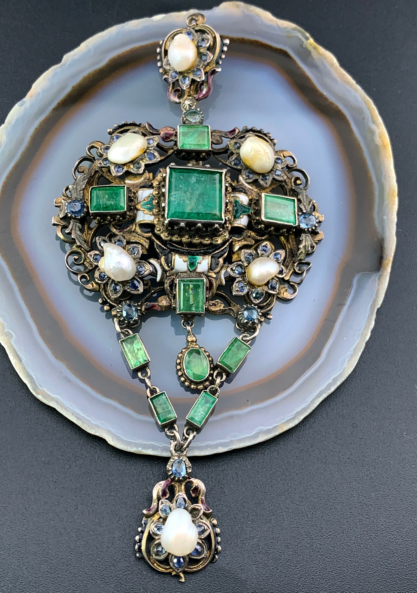 Sold Antique Austro-Hungarian Silver, Emerald, Sapphire & Pearl Pendant