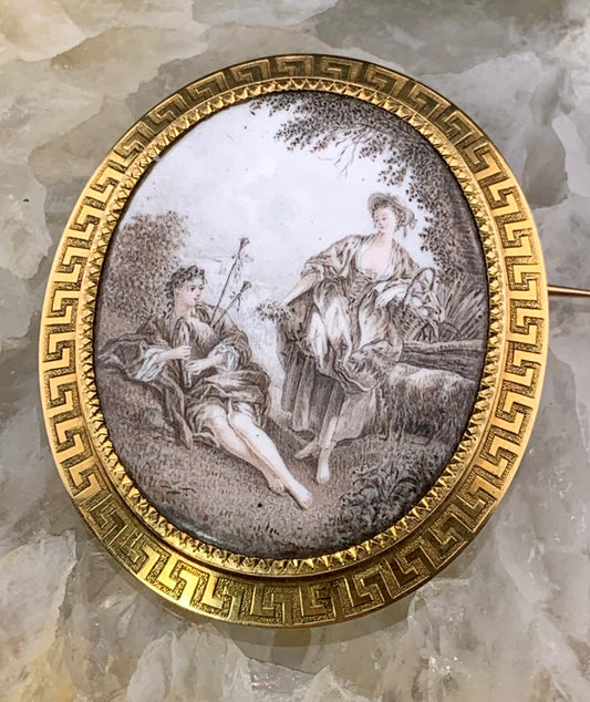 Antique French 18K, Grisaille Hand Painted Enamel Grisaille Brooch