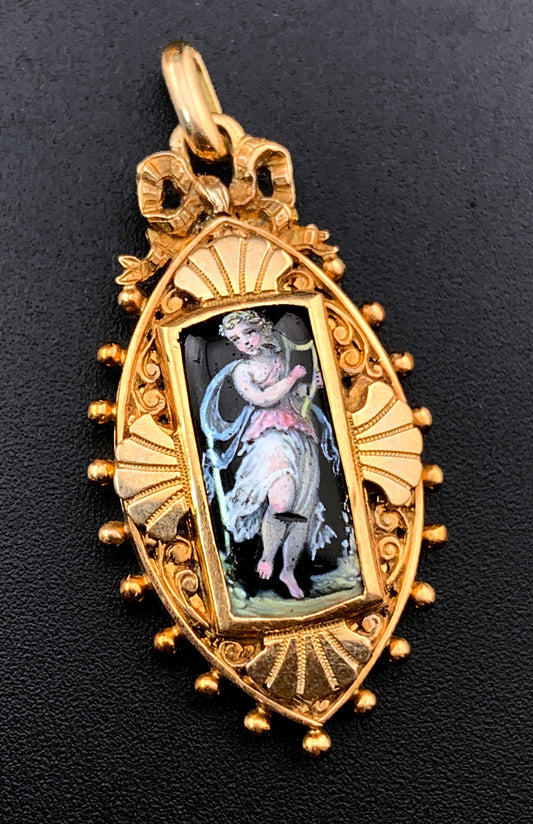 Antique French 18K & Hand Painted Enamel Locket Pendant