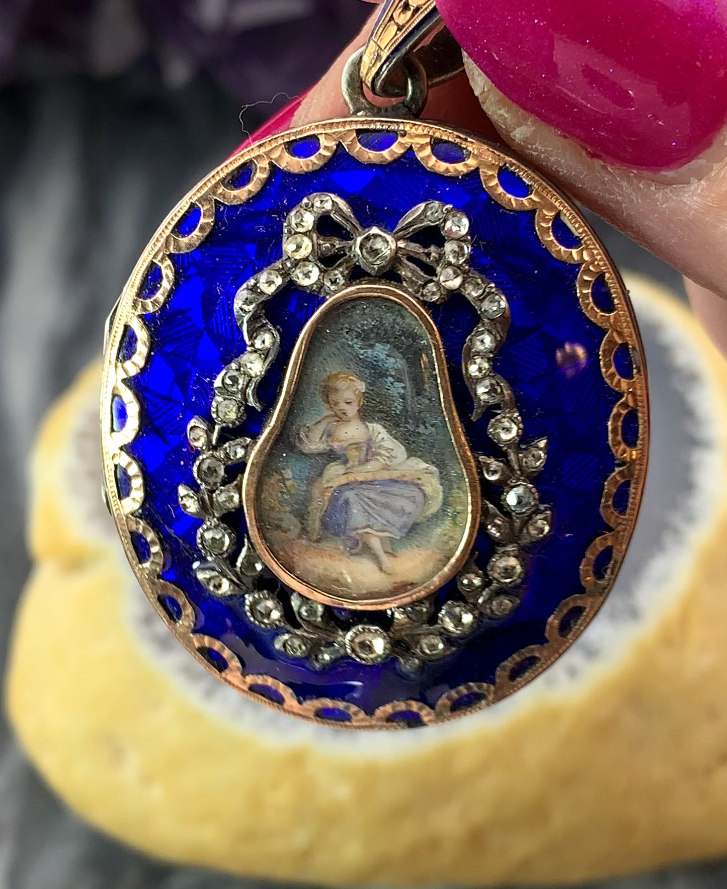 Antique French 18K, Silver, Diamond & Hand Painted Enamel Locket Pendant