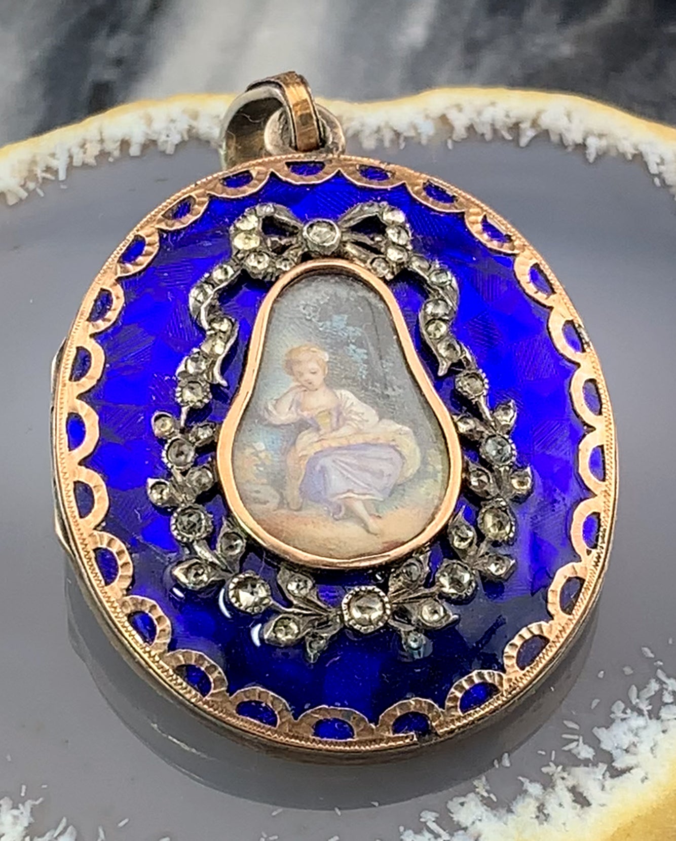 Antique French 18K, Silver, Diamond & Hand Painted Enamel Locket Pendant