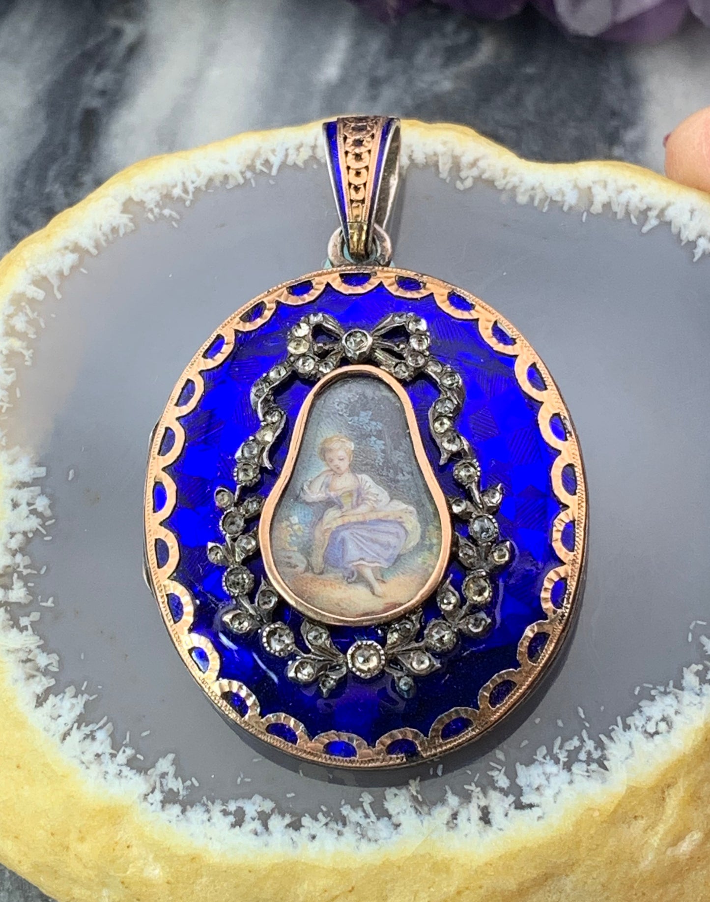 Antique French 18K, Silver, Diamond & Hand Painted Enamel Locket Pendant