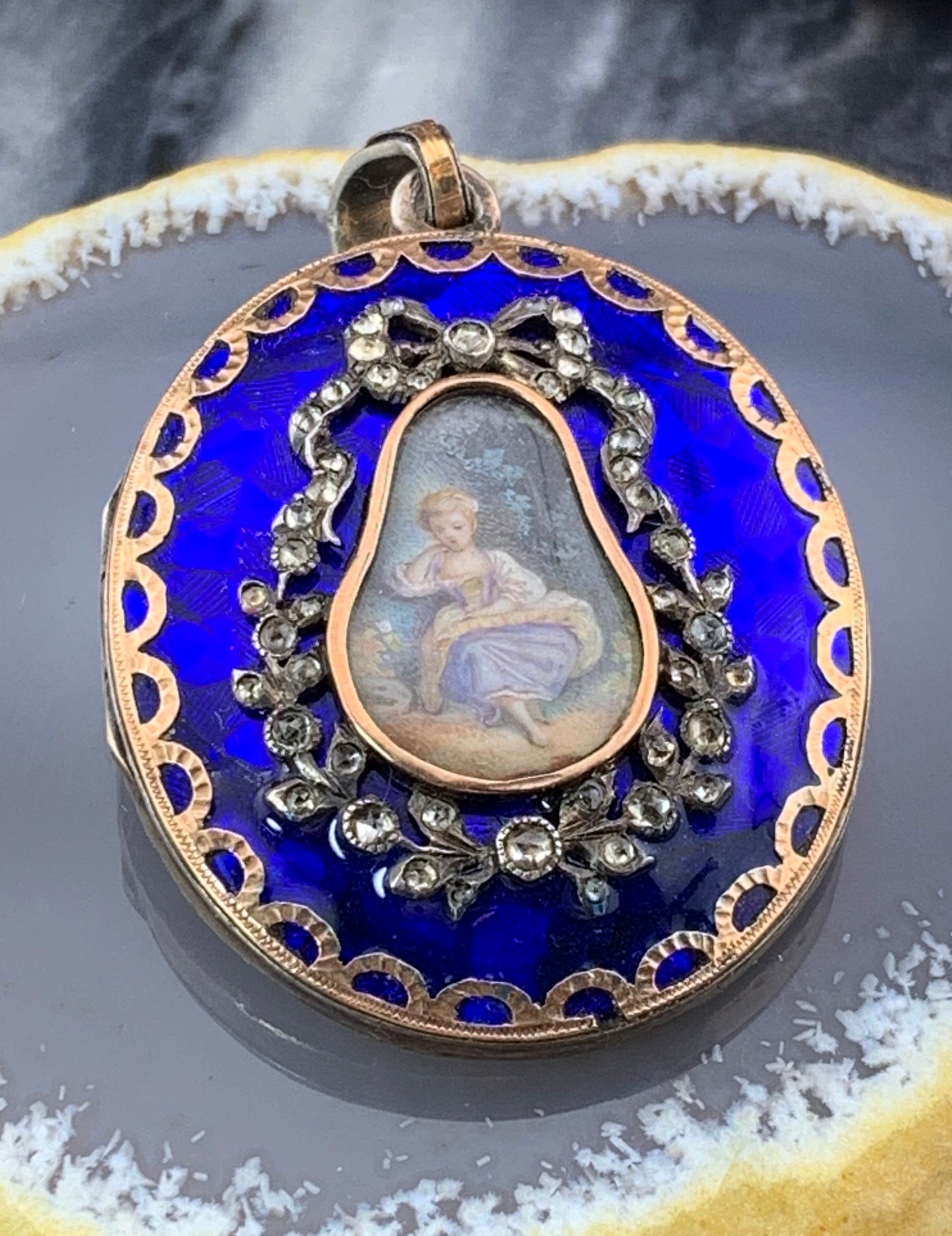 Antique French 18K, Silver, Diamond & Hand Painted Enamel Locket Pendant