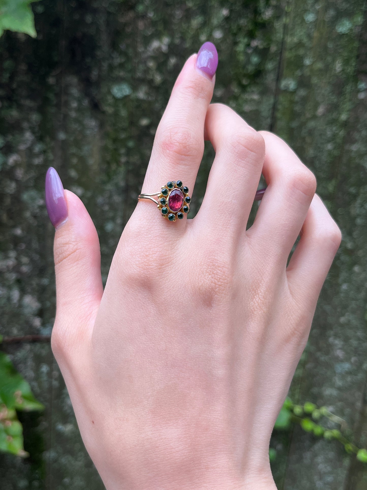 Antique French 14K, Pink Tourmaline & Paste Emerald Conversion Ring