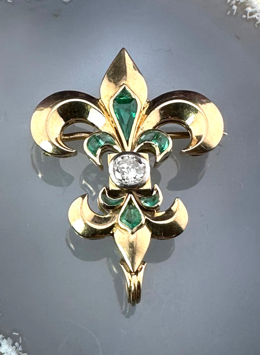 SOLD Antique 18K, Diamond & Emerald Fleur de Lis Brooch