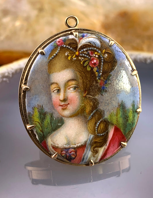 Antique 14K & Hand Painted Enamel Portrait Pendant