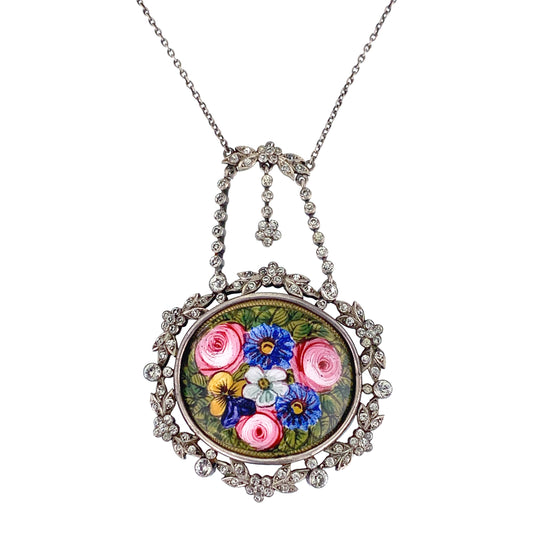 Antique Silver, Hand Painted Enamel & Paste Diamond Floral Necklace