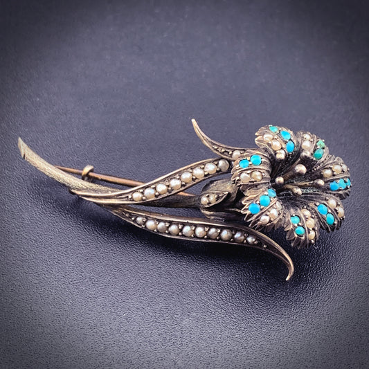 SOLD Antique Sterling Silver, Turquoise & Seed pearl Lily Brooch
