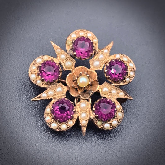Antique 9K, Seed Pearl & Paste Starburst Brooch