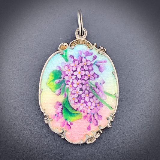 Antique Hand Painted Enamel, Silver & Mirror Locket Lilac Pendant