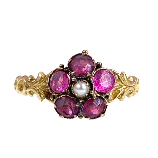 Antique 15K, Tourmaline & Seed Pearl Forget Me Not Ring