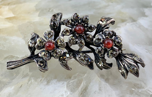Antique Silver, Diamond Paste and Art Glass Floral Brooch