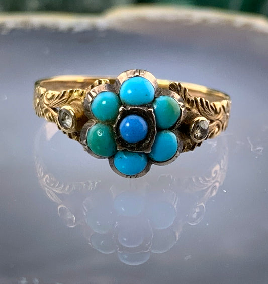 Antique 9K, Diamond & Turquoise Forget Me Not Ring
