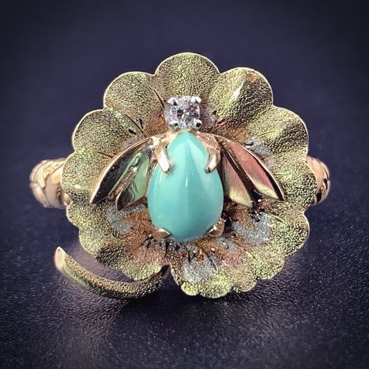 Vintage 14K, 10K, Diamond & Turquoise Insect Conversion Ring