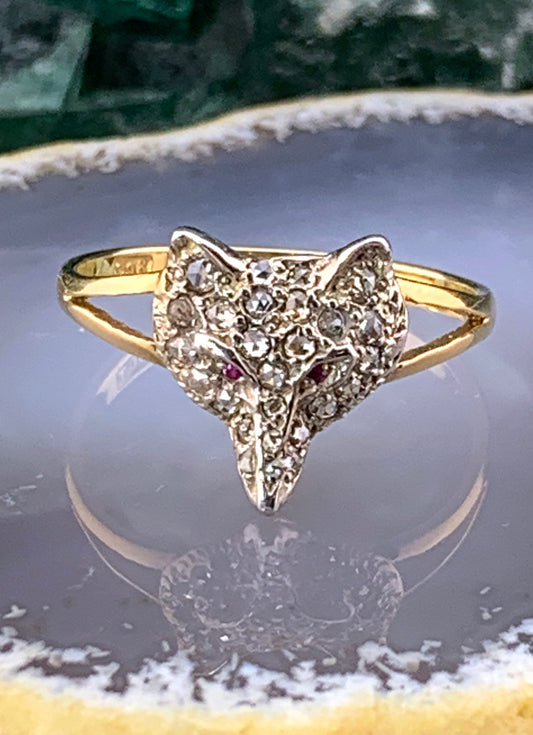 SOLD Antique Silver, Diamond & Ruby Fox Head Conversion Ring on Vintage 9K Shank