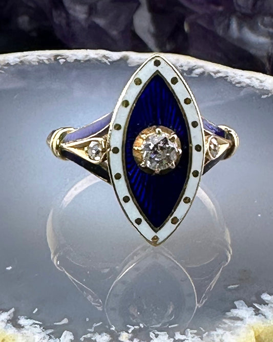 Antique French 18K, Diamond & Enamel Navette Ring