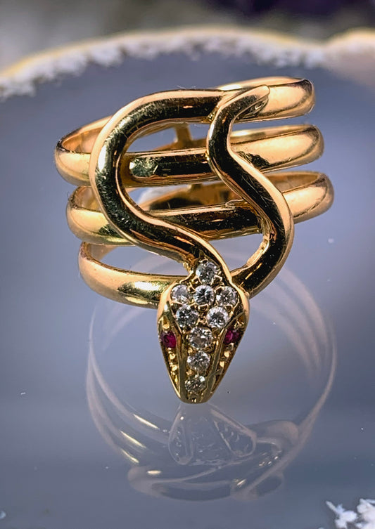 Vintage French 18K, Diamond & Ruby Snake Ring