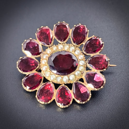 Antique Georgian 18K, Garnet & Seed Pearl Flower Brooch