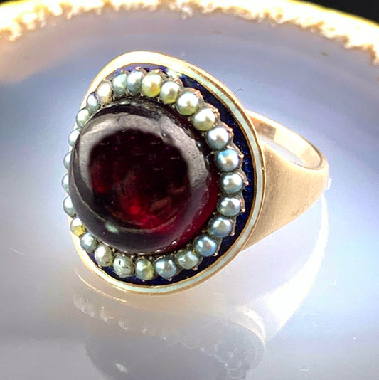 Antique Georgian 18K, Garnet Seed Pearl & Enamel Ring